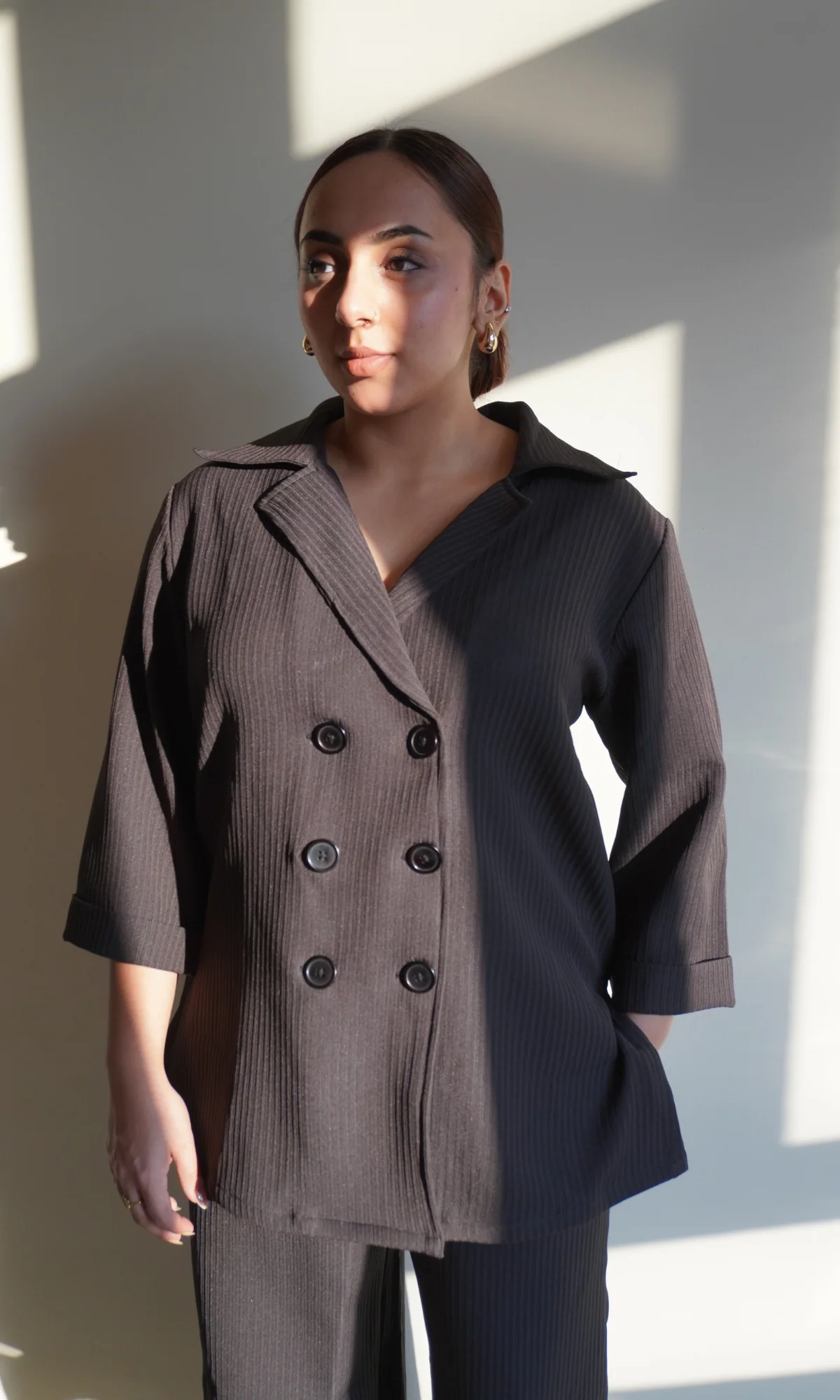Charcoal Striped Blazer Top with Slit Pants Co-ord - Image 7