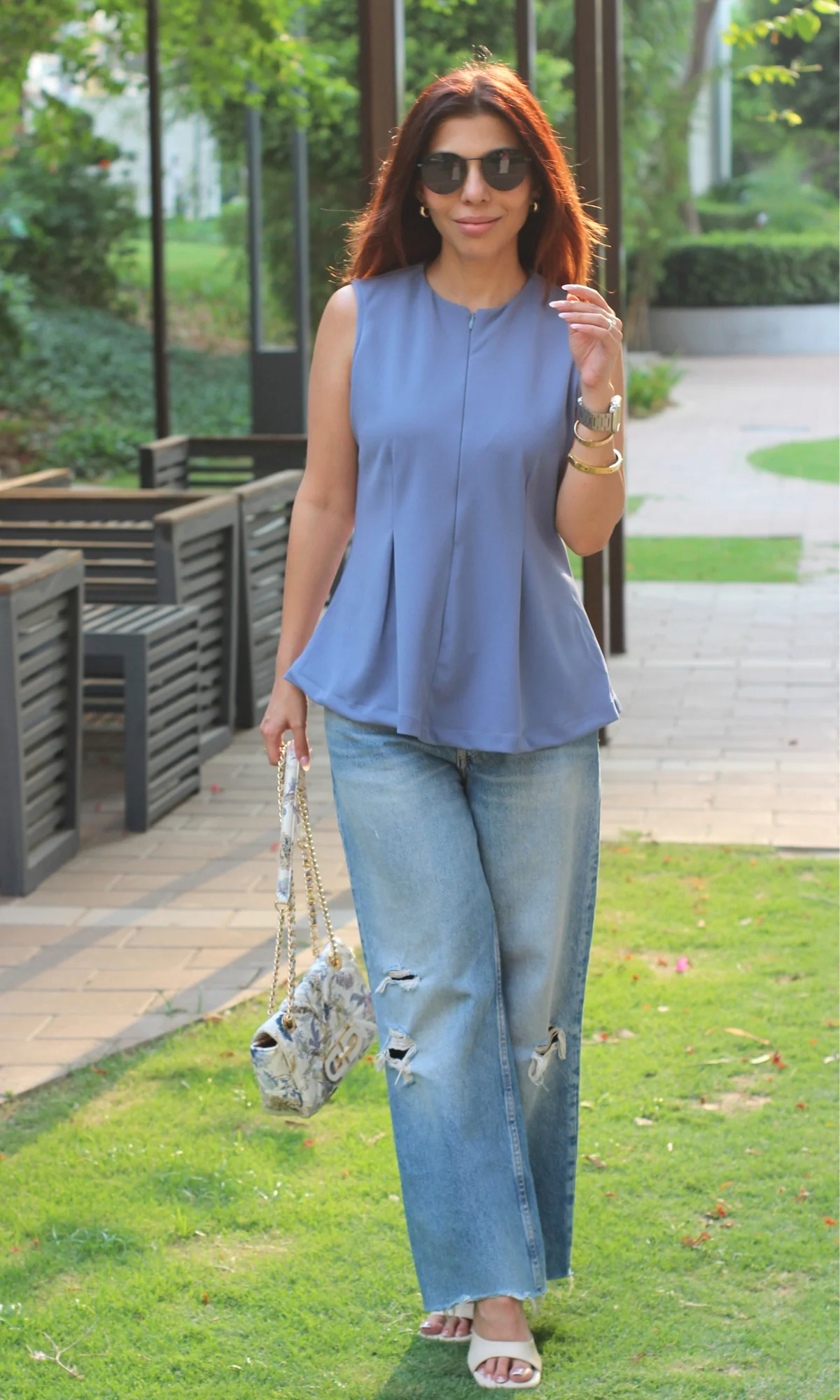 English Blue Sleek-Pleat Detail Top - Image 5