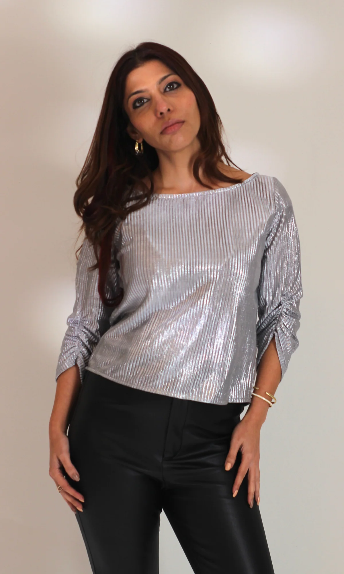 Metallic Silver Pleated Sleeved Top - Image 3