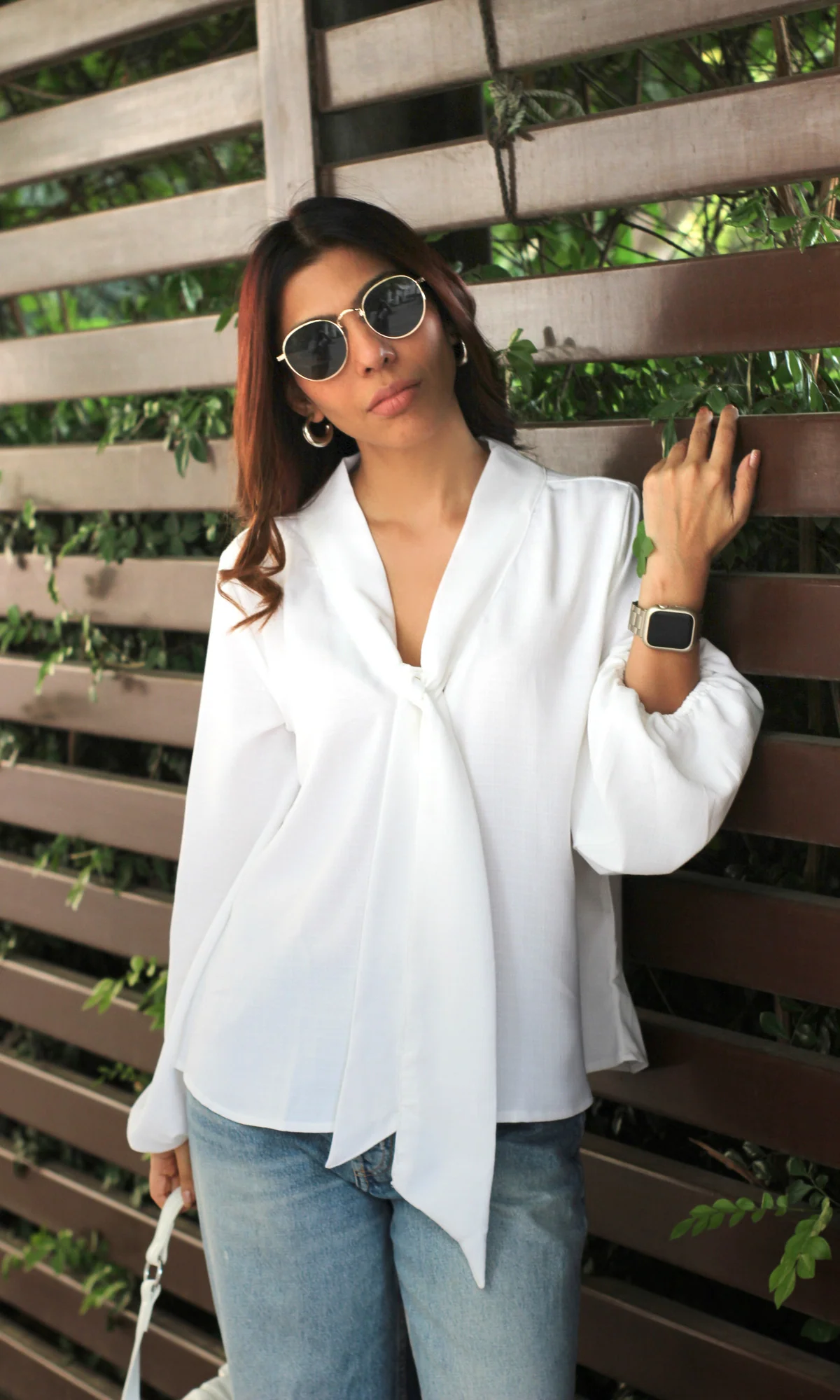 White Tie Detail Balloon Sleeved Top - Image 6